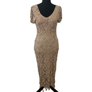 Vintage Midlength Dress Crochet Floral Lace Beige Tan Cocktail Size 4 Small